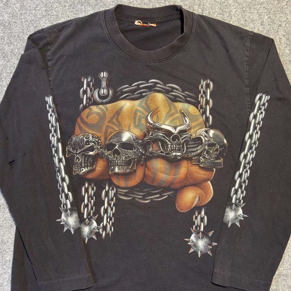Vintage Rock Eagle Skull Chain Long Sleeve Graphic T-Shirt Black